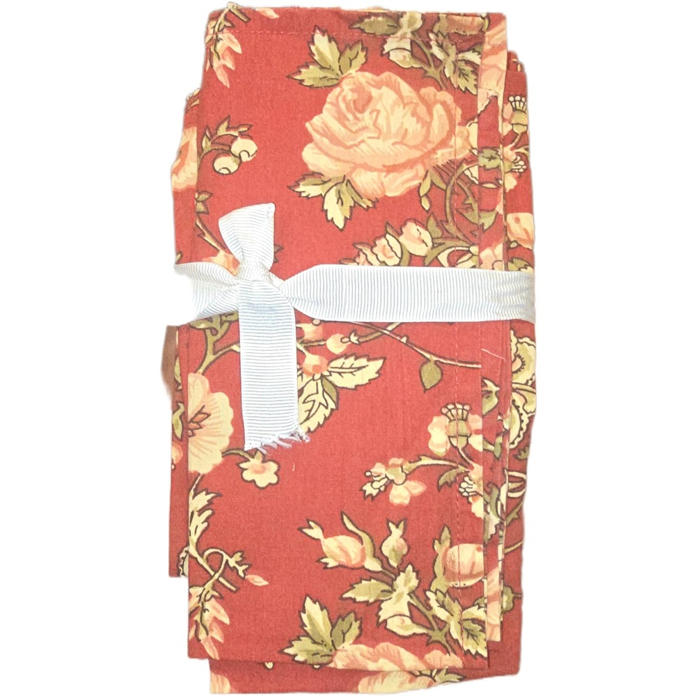 Vintage Floral Cloth Napkins Set Terracotta Red‎ Rose Botanical Cottagecore 4pc